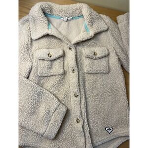 Roxy Girl Sherpa Fleece Jacket /Shacket Button Down Shirt Plaid Cream Sz L 14/16